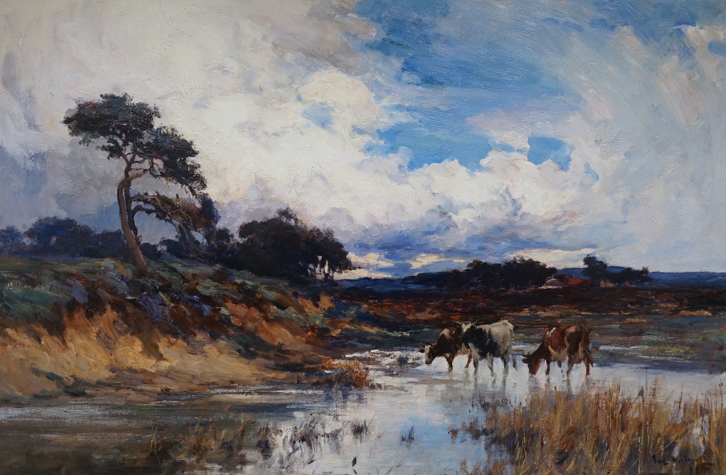 Joseph Milne (1859-1911) oil on canvas, Cattle in a river landscape, signed, 49 x 75cm, ornate gilt framed